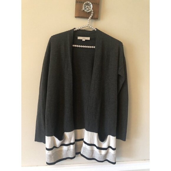 LOFT Womens Size XS Gray Cardigan Sweater Cream Stripes Open Front - Picture 1 of 5